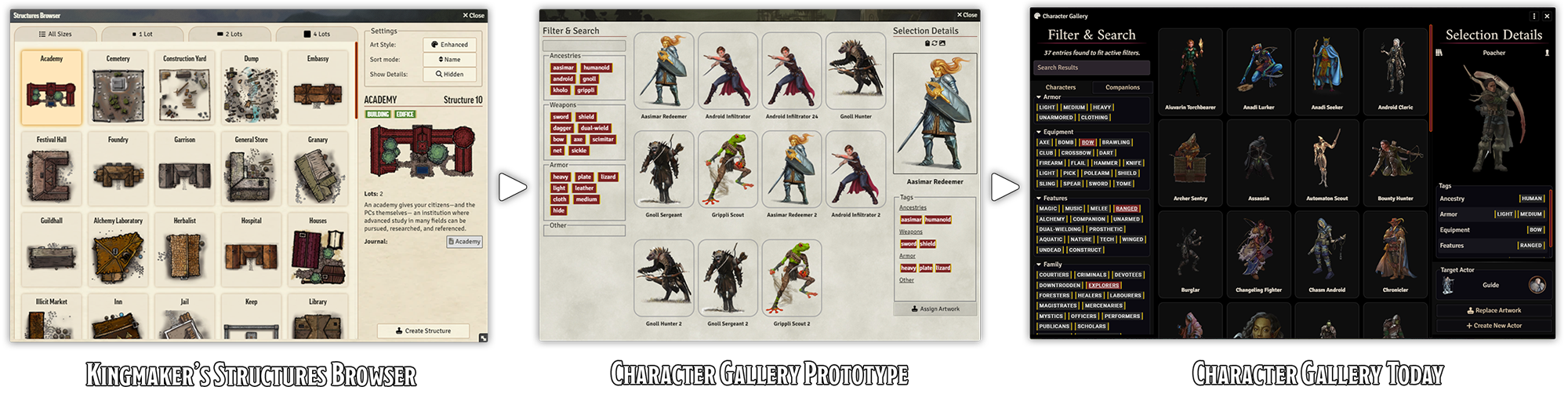 A triptych depicting three stages of evolution for the idea that would become the Character Gallery, from the application that inspired it, to its very first prototype, to the version of it that exists today.