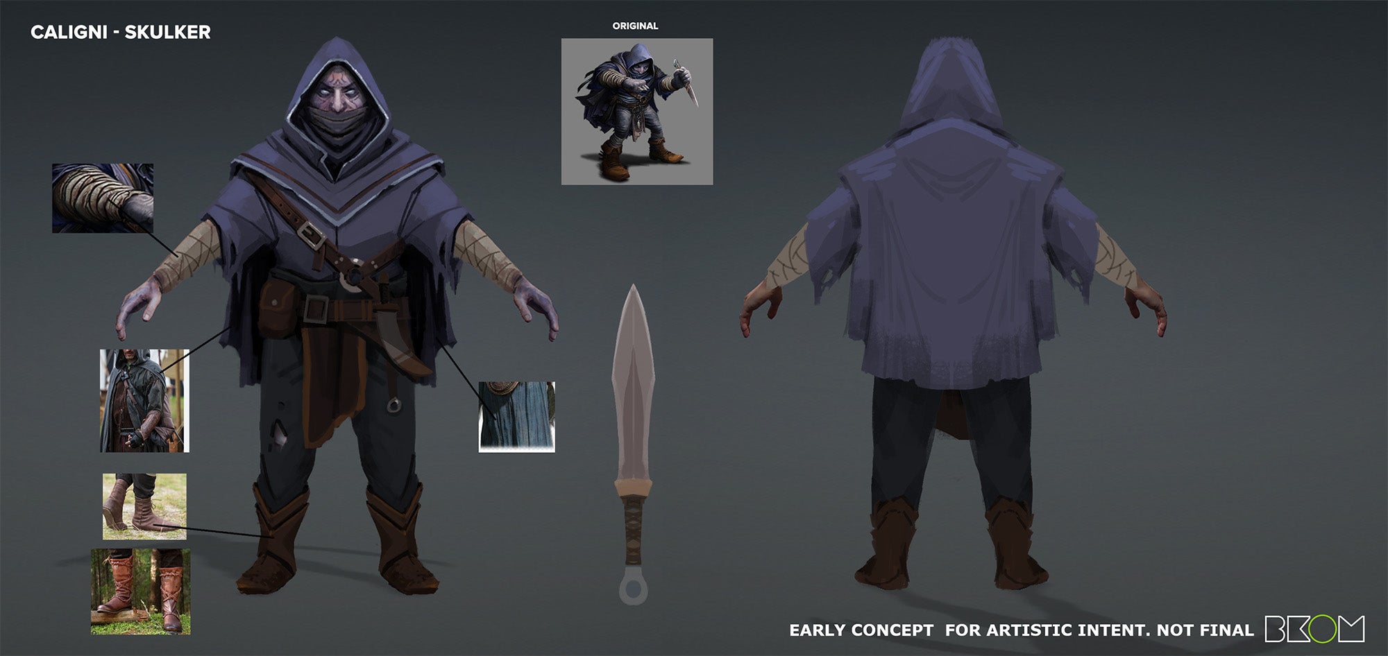 An artistic render of a Caligni Skulker, a pale skinned humanoid dressed in a tattered dark clothes, with leather accessories, wielding a large dagger.