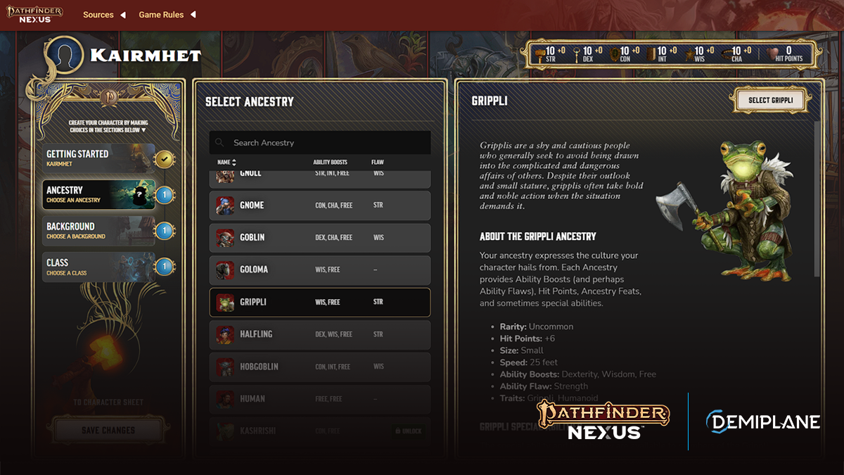 Desktop mockup of the main character builder user interface