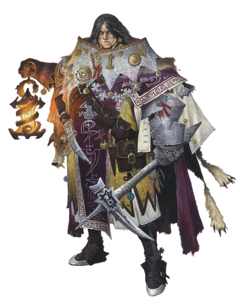 Art by Wayne Reynolds. Mios, the iconic thaumaturge. Dressed is a large jacket covered in charms and talismans, holding a lantern.