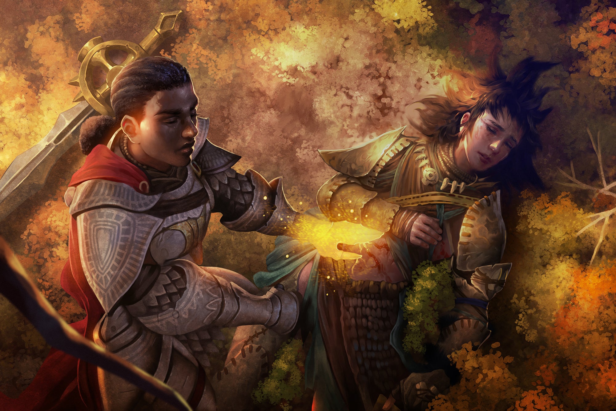 illustration by Christoph Peters: Seelah’s hand glows with holy energy as she lays it upon the injured Amiri.