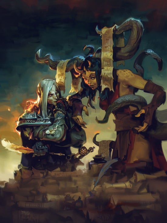 The magus Seltyiel, quill pen in hand, ponders an offer from a contract devil. Art by Halil Ural.