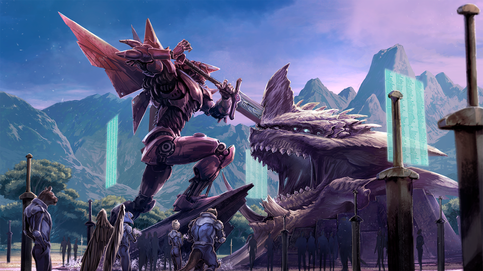 Art by Miguel Regodón Harkness: large red mech pushing a giant sword into the head of a kaiju