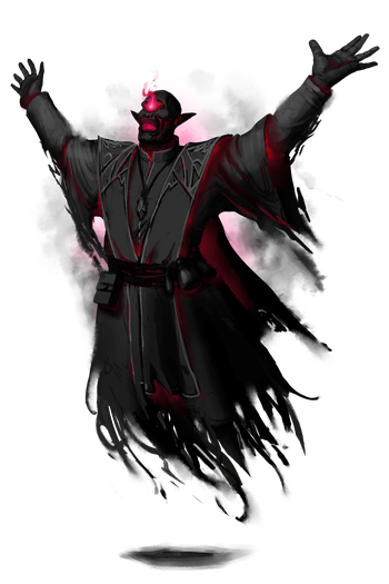 Artist Samuel Jr. a dark skinned, malevolent spirit. They are wearing ragged robes that hang as they float off the ground with no visible feet, and one flaming red eye.