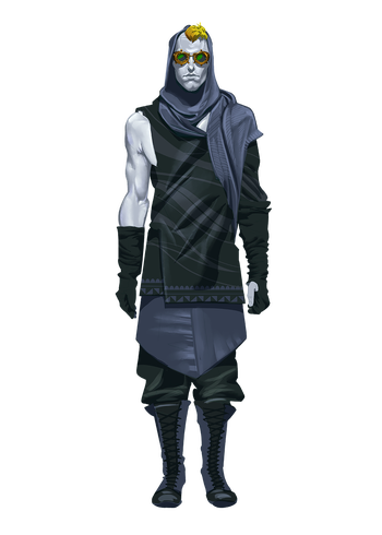 Tesyovensku (they/them), a fetchling witch wearing goggles and a dark patterned shawl.