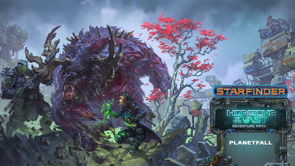 Horizons of the Vast: Planetfall. Iconics Obozaya and Raia battling a large bear-like creature with antlers