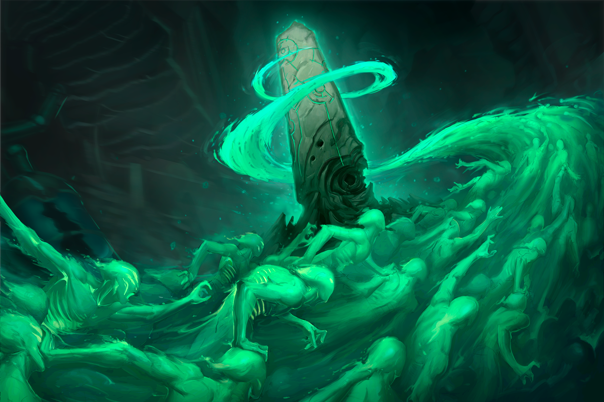 Illustration by Kevin Sardinha : Mentrasi spirits circle around a menhir.