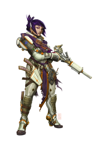 Illustration by Kent Hamilton : The updated concept art for iconic envoy, Navasi dressed in white and orange armor with a purple scarf, holding a rifle