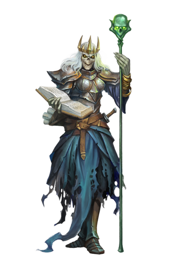 Lich, artist Klaher Baklaher: A skeletal female lich in full armor stands with her staff book.