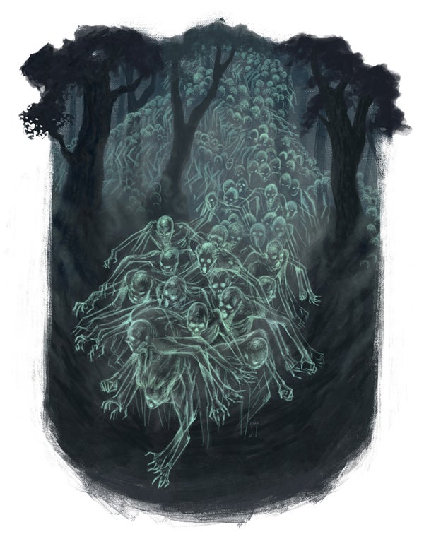 Illustration by Shafi Adams : A large crowd of translucent ghosts making their way out of the woods