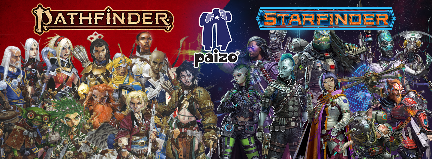 A group composite image of all the pathfinder and starfinder iconics with the Pathfinder and Starfinder logos over the top of the groups and the paizo logo in the center