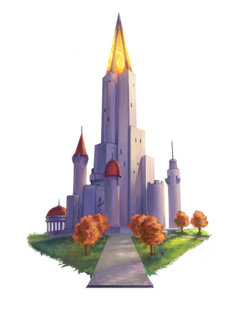 Illustration by Valeria Lutfullina: Skyreach, the central fortress of the Pathfinder Society’s Grand Lodge in Absalom and the tree-lined walkway leading up to it