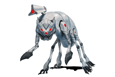 Kill-Shot, artist Rodrigo Gallo: A sleek magitech robot shaped like a six-legged dog with sharp claws and a shoulder-mounted cannon prepares itself to attack.