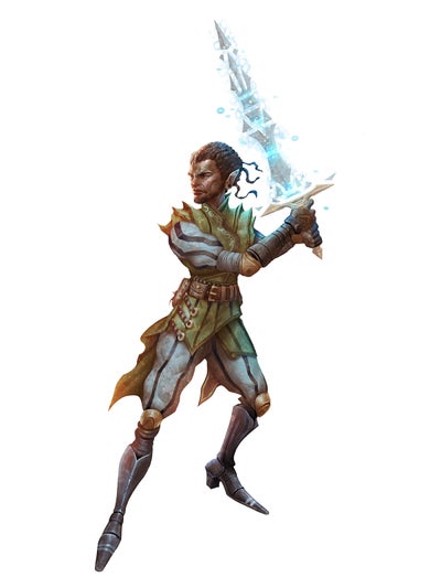 Art by Christoph Peters: a warrior dressed in white and yellow, with a shining sword