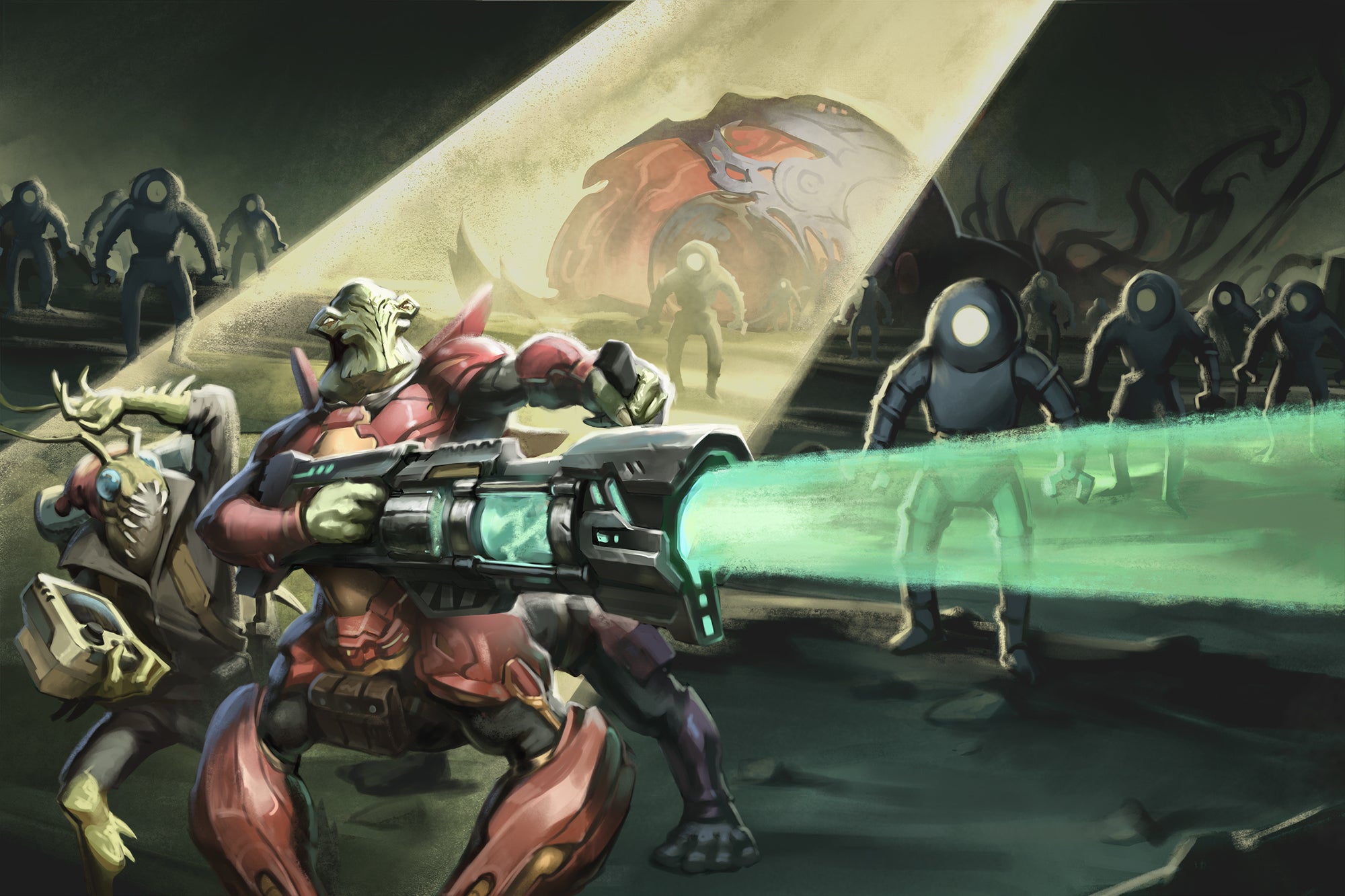 Invasion’s Edge (half pager), artist Kevin Sardinha: First Seeker Sarmak and fellow Starfinder Zizenzi fight off robots in front of a massive, alien starship. It’s dark, and the Starfinders are illuminated by aerial spotlights from an unknown source