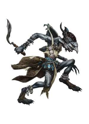 Art by Alexander Nanitchkov : Wayang a grey skinned humanoid being wearing bracelets and anklets, holding a knife in one hand 