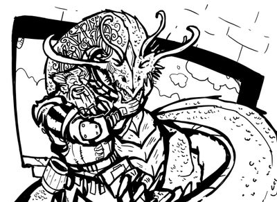 A black and white illustration of a jovial, armored, dwarf hugging a smiling dragon