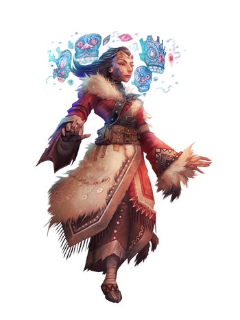 Art by Christoph Peters: A woman dressed in red and brown furs surrounded by small glowing figures