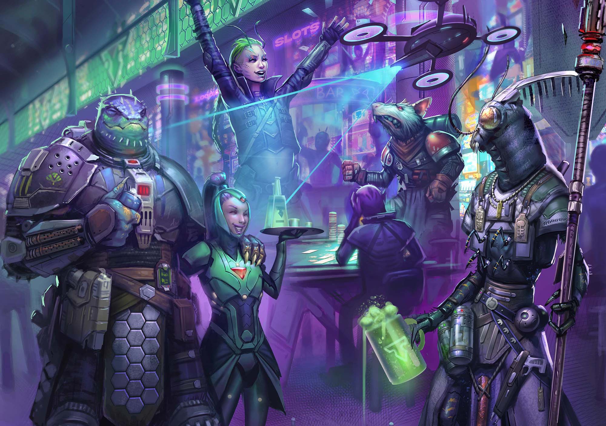 Starfinder iconics Obozaya, Keskodai, Raia , and Quig celebrating on a casino floor