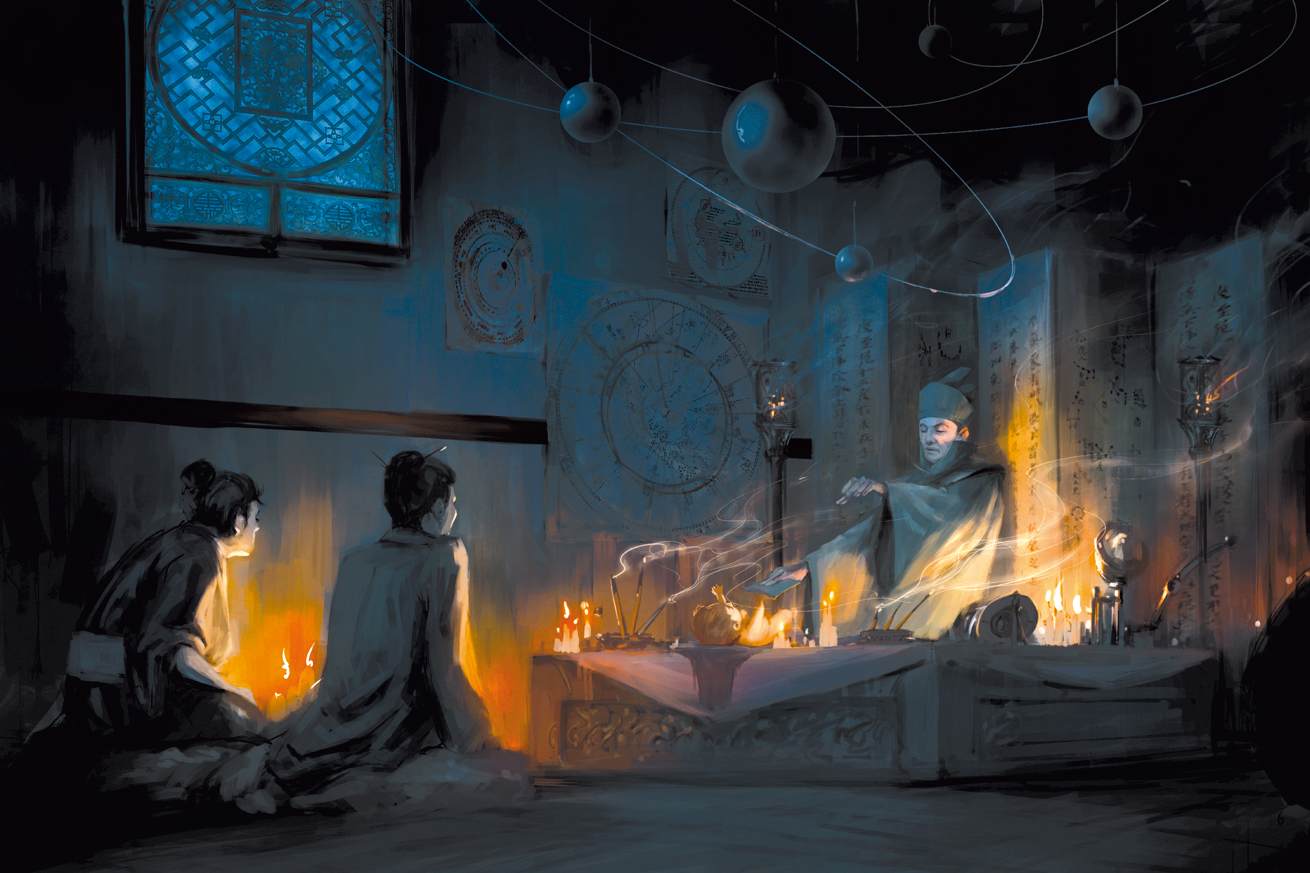 Illustration by Maichol Quinto: A fortuneteller sits in front of burning incense and candles in a room covered in oracular star charts, reading the fortune of an infant in front of him while the infant’s parents watch on.

