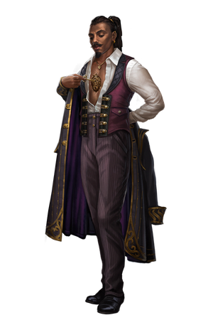 A dark skinned man in fine clothes with his shirt unbuttoned, revealing clockwork in his chest, which he is winding up with a key