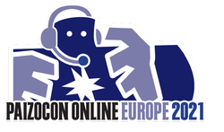 Paizo Golem Vigilant with a headset and mic over the paizocon online Europe 2021 text logo