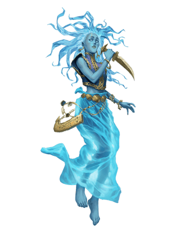 Shahreena Shahrani illustration by Ivan Koritarev: A blue genie wearing a dark blue vest with gold jewelry, holding a large dagger