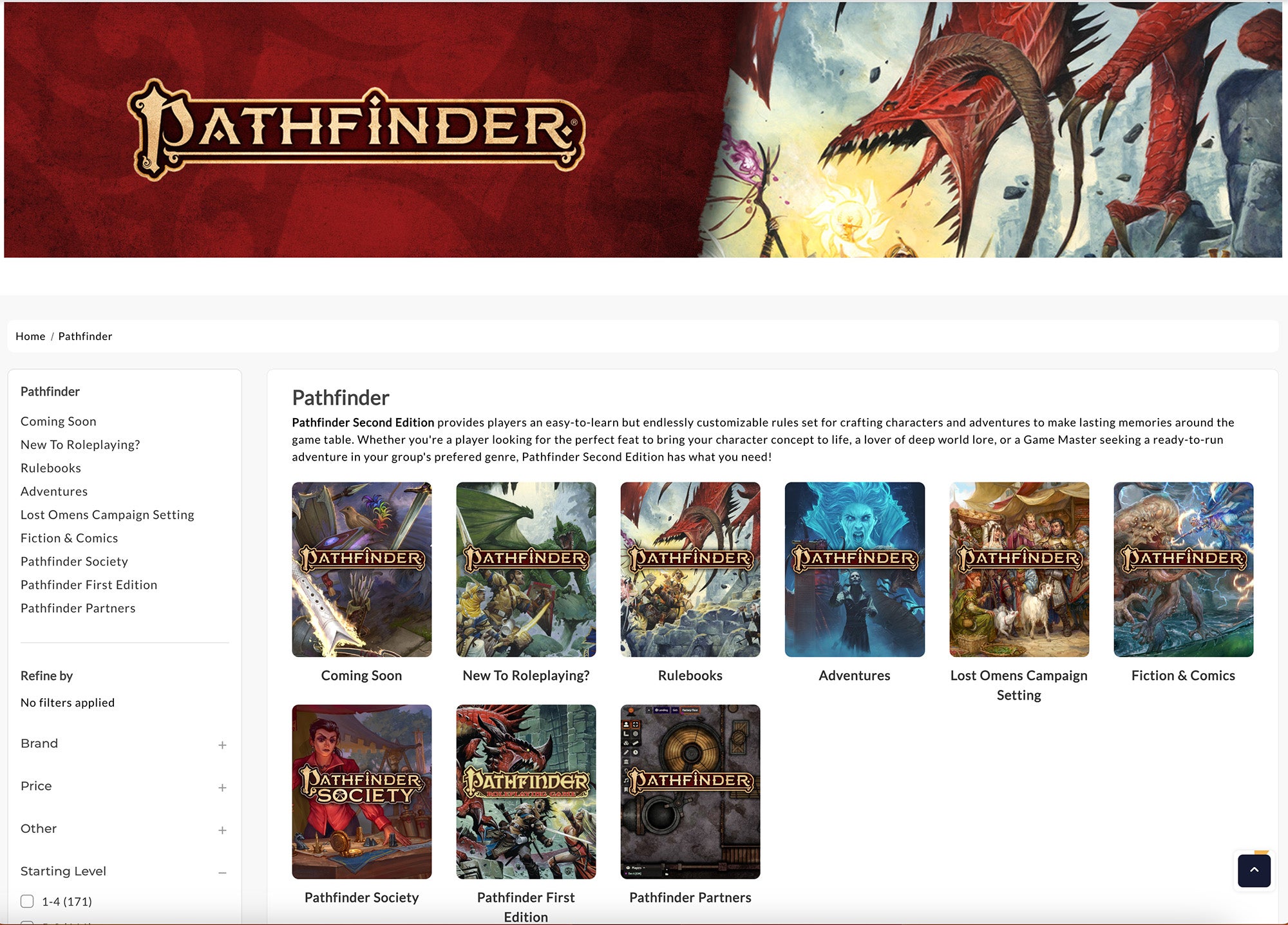 A screenshot of the Pathfinder Store Pathfinder Categories Page. The page features a banner image with the pathfinder logo on the left over a red textured background and an image of a red dragon on the right. The main part of the page is taken up by thumbnails each with a different sub category of the pathfinder store. left to right, Coming Soon, New to roleplaying, rulebooks, adventures, lost omens campaign setting, fiction and comics, pathfinder society, pathfinder first edition, and pathfinder partners.