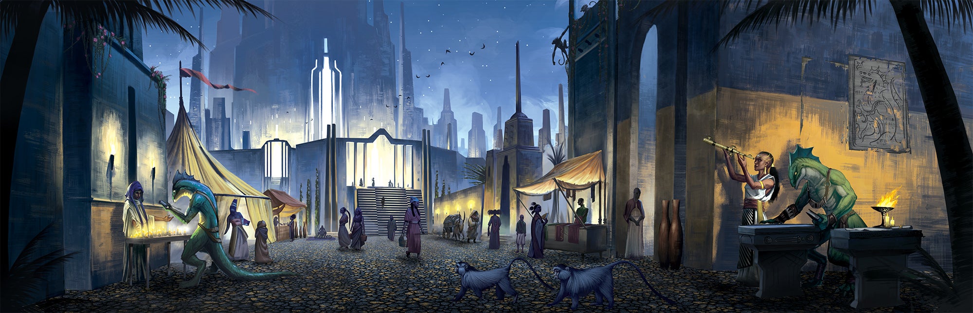 Jaha Opener by José Luis Islas López : A market with lights at dusk full of humans and lizard-folk