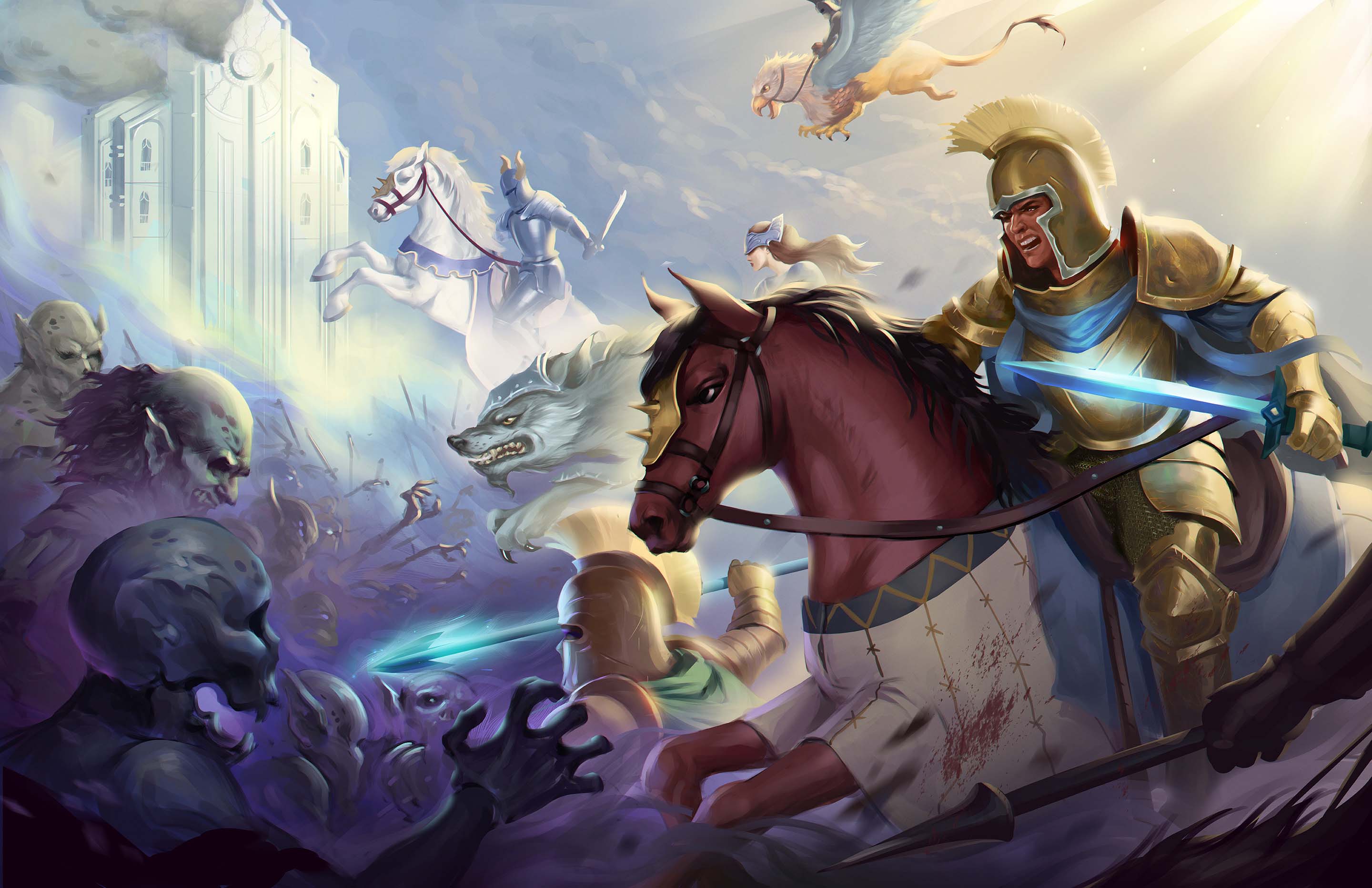 Illustration of Ainur Salimova. Armored knights on horseback face down a hoard of undead