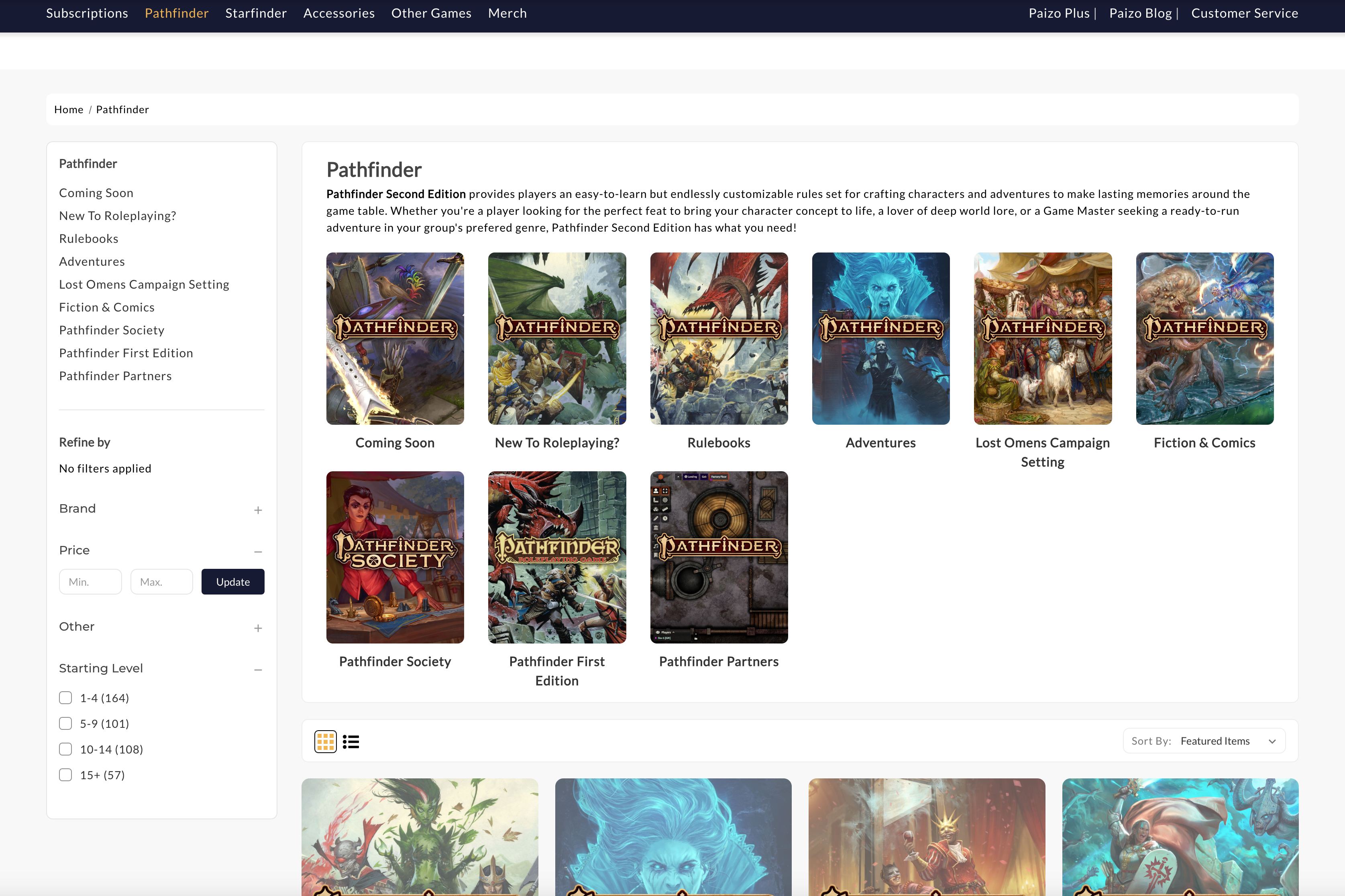 A screenshot of the new Pathfinder category page in the updated Paizo store. It features thumbnails for different sub-categories including Coming Soon, New To Roleplaying, Rulebooks, Adventures, Lost Omens Campaign Setting, Fiction and Comics, Pathfinder Society, Pathfinder First Edition, and Pathfinder Partners.