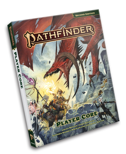 Pathfinder Remaster Player Core: Pathfinder iconics battle a large red dragon on the steps of a crumbling ruin