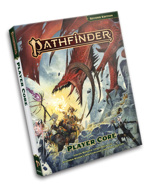 Pathfinder Remaster Player Core: Pathfinder iconics battle a large red dragon on the steps of a crumbling ruin