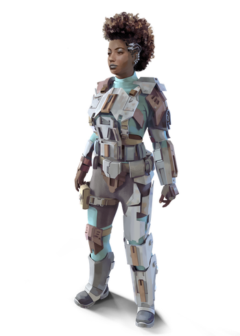 Art by Raphael Madureira: Cleo Striker, A dark skinned woman standing in full armor 