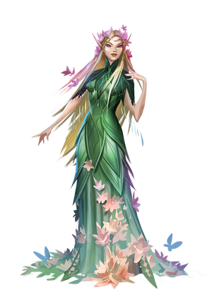 artist Vlada Hladkova  - Queen Telandia stands elegantly in a in a leafy green silk dress, wearing a crown of flowering ivy, surrounded by multi-colored butterflies.