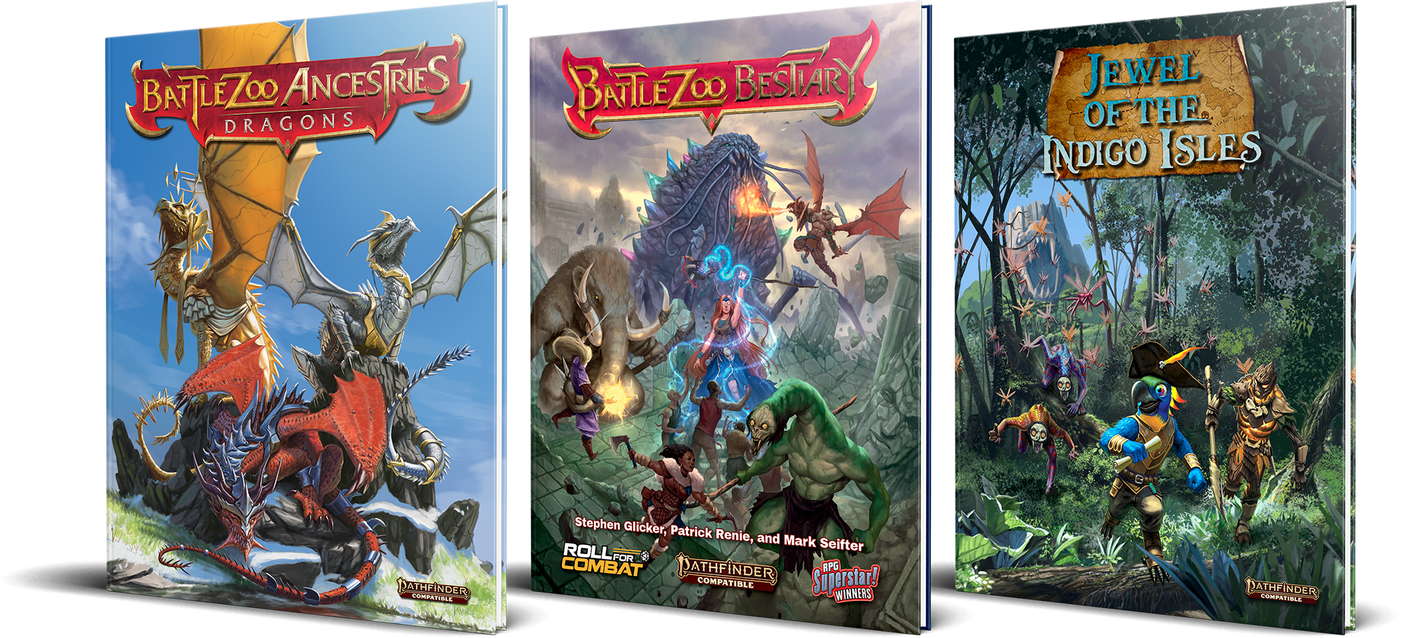 three books, BattleZoo Ancestries Dragons, BattleZoo Bestiary, and Jewel of the Indigo Isles