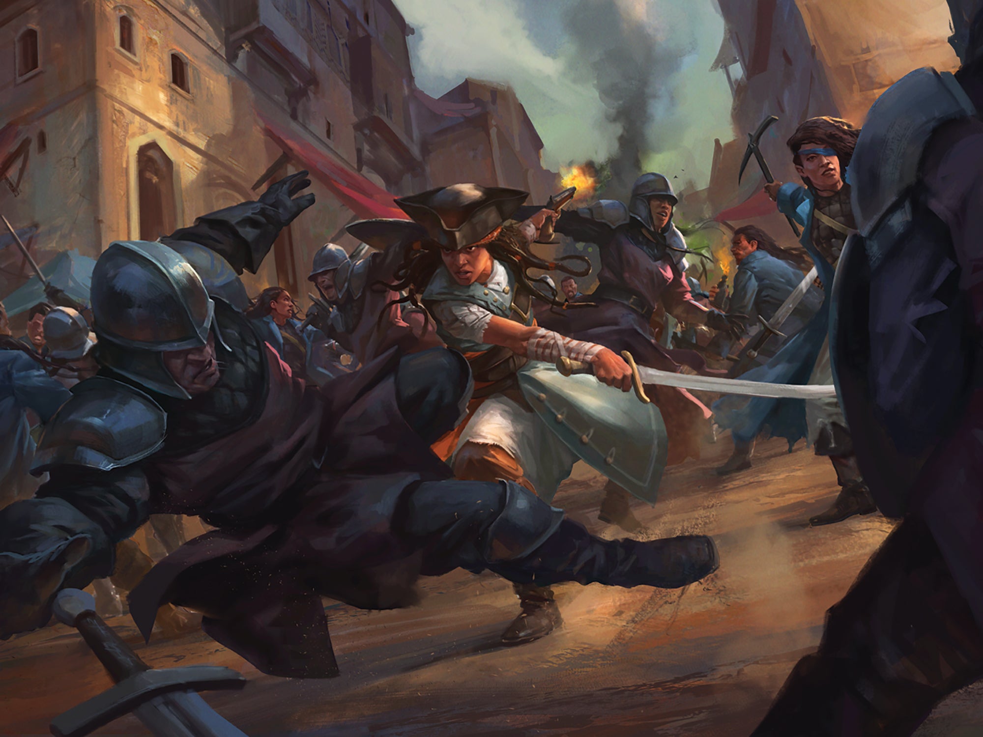 Illustration by Alberto Dal Lago: A women wearing a long coat and Tricorne hat fighting her way through a group of armored guards