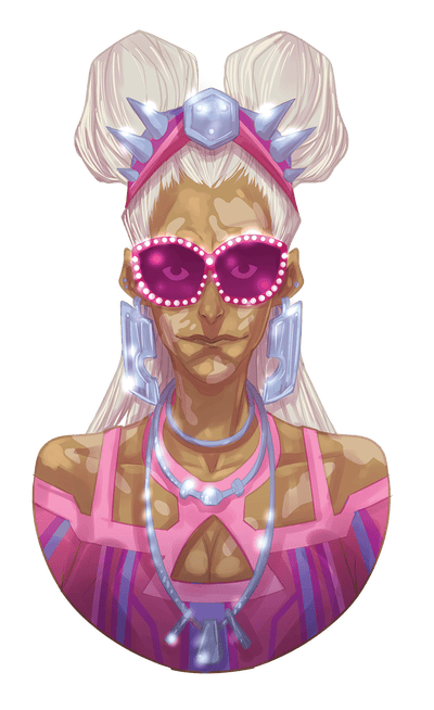 headshot of Lovely Ria, with long blonde hair pulled up into two buns, bright silver jewelry, and pink clothes