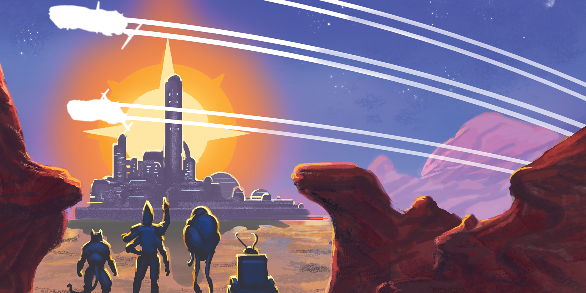 A quartet of Starfinders travel to the distant horizon on an unknown planet. Starships streak across the sky