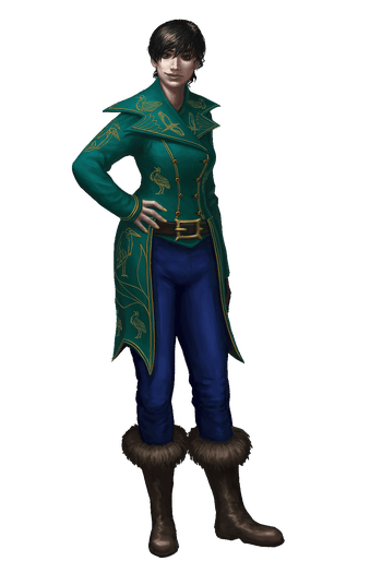 Vali Cairne, artist Josef Kucera: Vali Cairne stands confidently in her furred boots and colorful riding coat. Her hair is short and there are bird motifs on her coat.