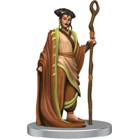 Painted Mini Figure of a woman dressed in tan and green robes holding a wooden staff