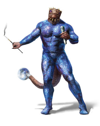 Domakayo (he/him), a Vesk in a glittery bodysuit with a sparkling disco ball on his tail