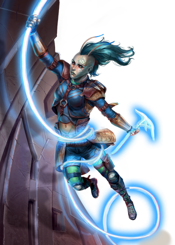 A blue haired Lashunta solarian rappelling down a wall with a glowing blue rope and axe