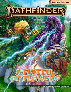Pathfinder Second Edition: A Fistful of Flowers Free RPG Day Adventure. A dandelion leshi with a feline face and a wisteria leshi battle each other over the top of a table, knocking over a tower of snacks and a tea set.
