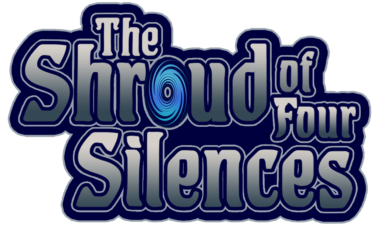 Text Based logo for the Pathfinder Tale: The Shroud of Four Silences. Grey text over a dark blue background with the 'O' in shroud shaped like a blue spiral