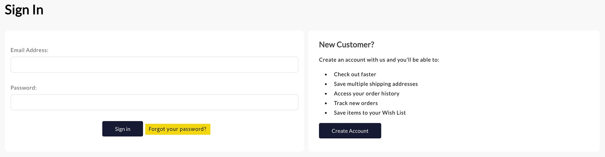A screenshot of the new paizo store sign in page, with the 'Forgot Your Password?' link highlighted. To the right of the sign in is a widget for New Customers to create an account.