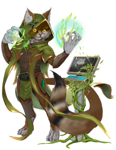 a pahtra dressed in green and brown robes,casting the verdant code spell, a spell that calls forth living flora from machinery.