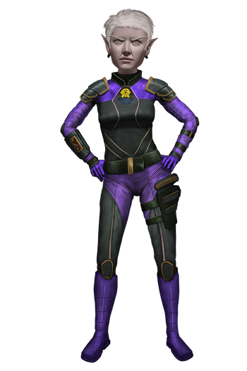 A pale half elf with a short, silver hair wearing a black and purple space suite, stands with her hands on her hips while looking sternly at the viewer.