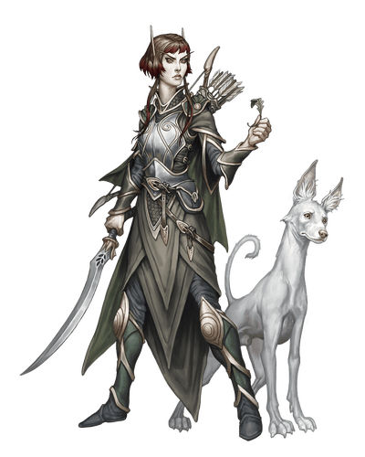 Wylderheart, artist Nikolai Ostertag; An image of an elven woman wearing elegant elven armor and wielding a sword. Standing beside her is a tall and thin dog with tall ears and pale white fur.