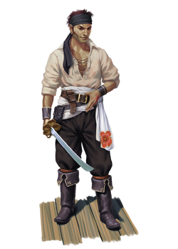 Art by Roberto Pitturru: A man wearing a typical pirate or swashbuckler’s outfit. He looks battle-worn with several scars and is wielding a scimitar with a flower motif for the hilt.
